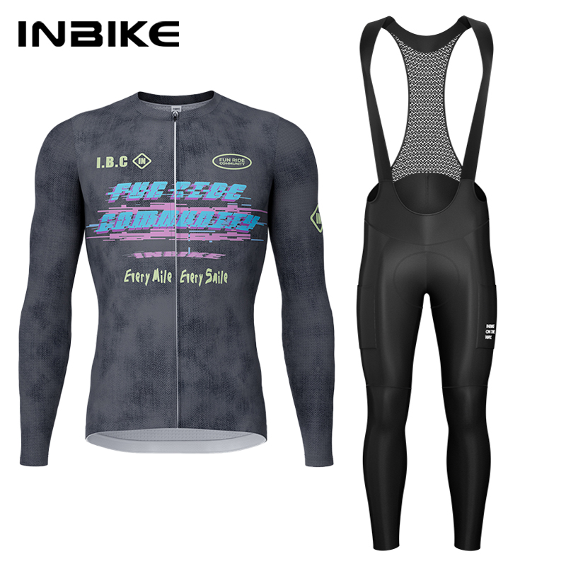 Mountain Biking Underwear - INBIKE 春秋サイクリングセット サイクリングジャージ 長袖ビブパンツ パッド付き マウンテンロードバイクスーツ